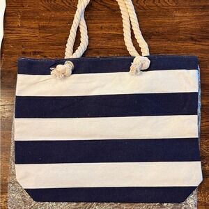 NWOT Navy White Striped Tote‎ Bag Blank for Monogram Preppy Canvas Beach Bag